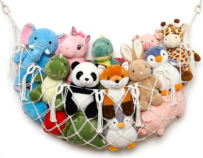 Stuffed Animal Net or Hammock for Flat Wall Mounted Handmade Macrame Toy Display Hanging Plush Toy Net for Stuff Animal Storage(Cream large)