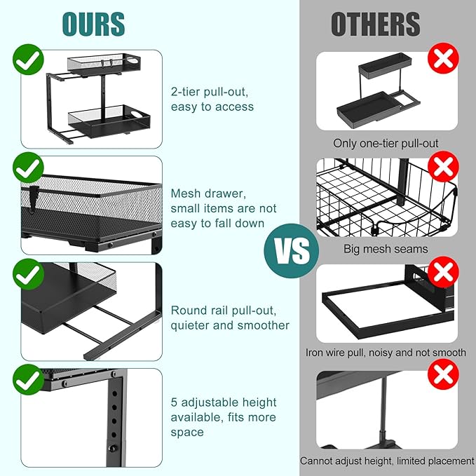 Housolution 1 Pack Large Under Sink Organizer, 2 Tier Metal Pull Out Under Sink Storage with Sliding Mesh Drawers, Height Adjustable Slide Out Under Cabinet Organizer for Kitchen Bathroom, Black