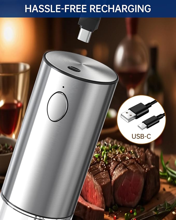 CIRCLE JOY Stainless Steel Electric Pepper Grinder, Rechargeable Pepper Mills with LED Light, 6-Level External Adjustable Coarseness for Easy Use, Silver, 1 Pcs