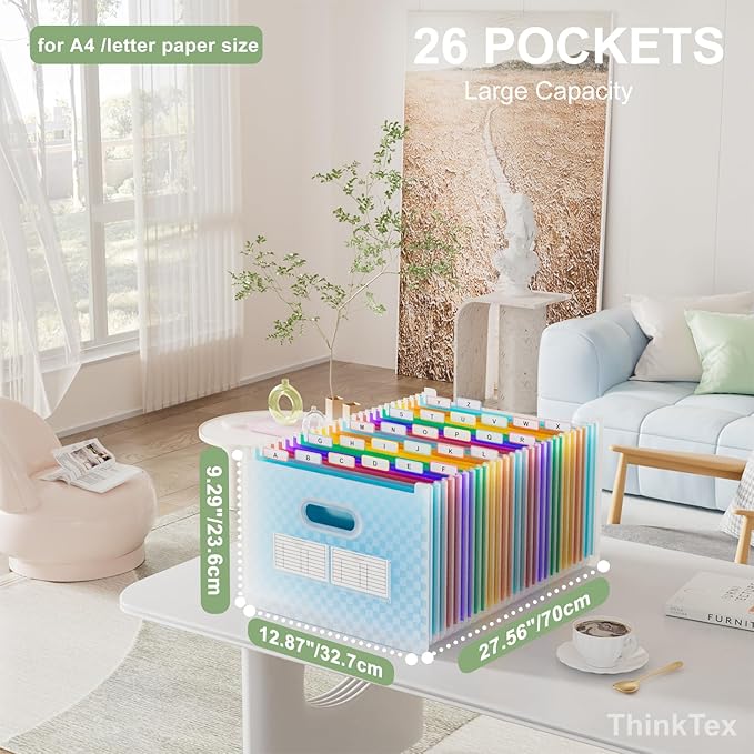 ThinkTex 26-Pocket Accordion File Organizer, Upright & Open Top, A–Z Colorful Tabs, High Capacity Expanding File Folder, Letter/A4 Size Essentials for School, Home, and Office- Blue