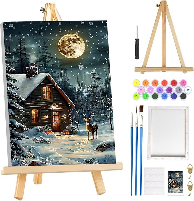 MOGTAA Christmas Winter Paint by Numbers Kit for Adults Beginners with Frame, Christmas Deer Adult Paint by Number Kits on Canvas with Easel, Easy DIY Oil Painting Kits for Home Decor, 8x12in