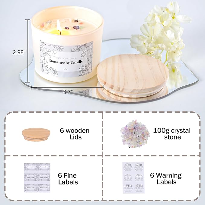 6Pcs Assorted Black and White Candle Jars for Making Candles, 12oz Empty Candle Jars with Bamboo Lids,Labels and 100g Crystal Rocks, Glass Jars for Candle Making, Candle Containers for DIY Gifts