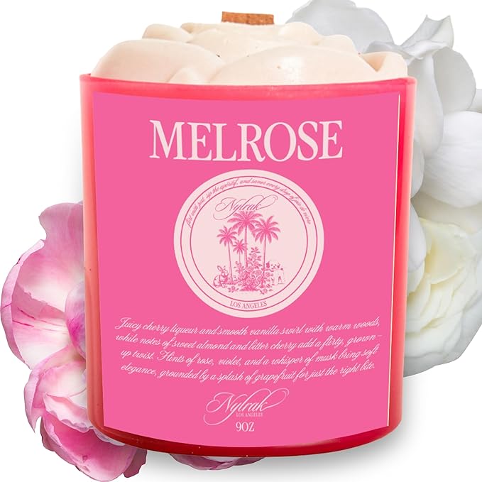 Body Oil Massage Candle | Melts into Skin Softening Warm Massage Oil - Natural Wood Wick - Soy & Coconut Wax – Cherry & Vanilla with Rose Scents - Self Care Gift (Melrose 9oz)