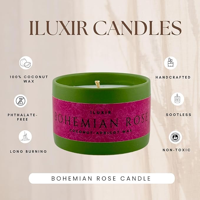 Bohemian Rose Scented Candle Fresh Floral Aroma with Rose Magnolia Patchouli Natural Coconut Wax Long-Lasting Non-Toxic Eco-Friendly Home Office Décor Relaxation Handcrafted Luxury (5 oz.)