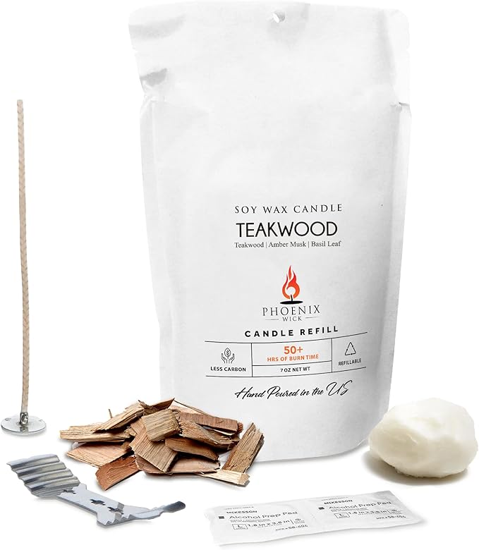 Phoenix Wick Candle Pack – Transform Anything Into A Candle – Candle Making Kit with Wick + 7oz Wax (Teakwood Scent)