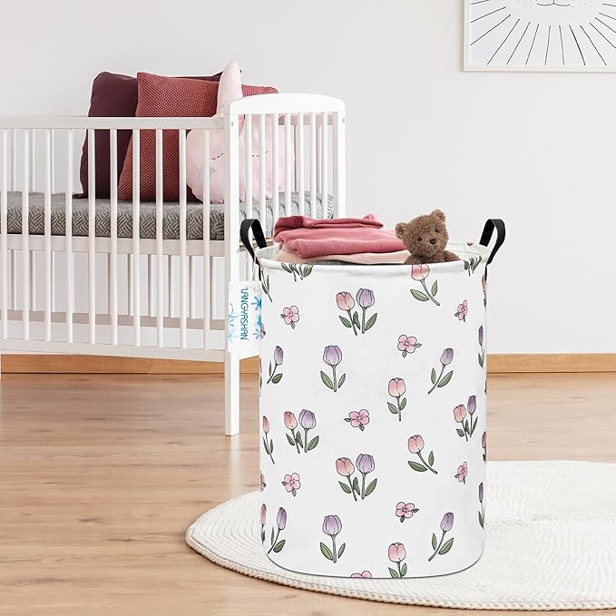 LANGYASHAN Laundry Basket Canvas Fabric Collapsible Organizer Basket for Storage Bin Toy Bins Gift Baskets Bedroom Clothes Children Nursery Hamper (Tulip)