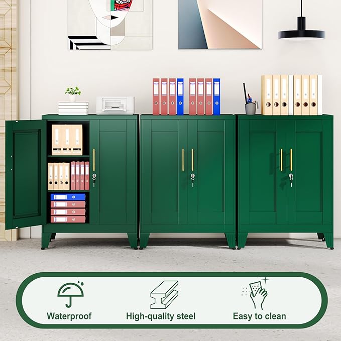 Green Metal Storage Cabinet, 36" Tall Locking Storage Cabinet with 2 Adjustable Shelves, Steel Locker Organizer, for Office, Home, School, 11.81" D x 23.62" W x 35.83" H