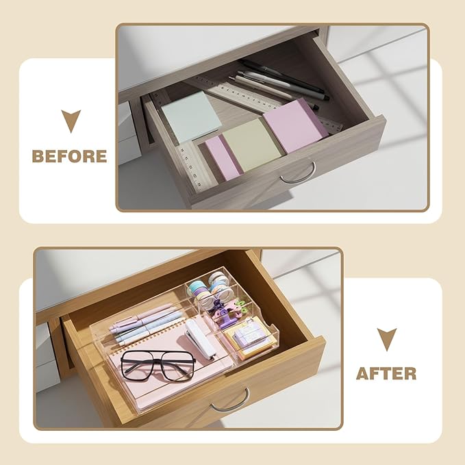 Briwooody Acrylic Desk Drawer Organizer 12.2 x 8.27 x 1.77 Inch Storage Tray Organizer for Pens, Stationery, Desktop, Office, Bathroom, Kitchen, Makeup Supplies(5 Compartments, Clear)
