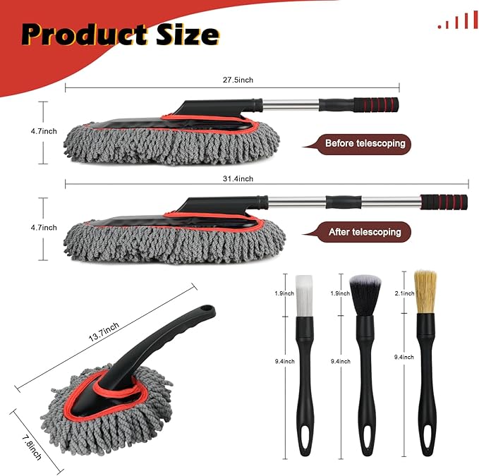 Car Duster Exterior Scratch Free,Microfiber Car Duster with Extendable Handle, with 3PCS Detailing Brush, Exterior Interior Multipurpose for SUV,Truck,RV