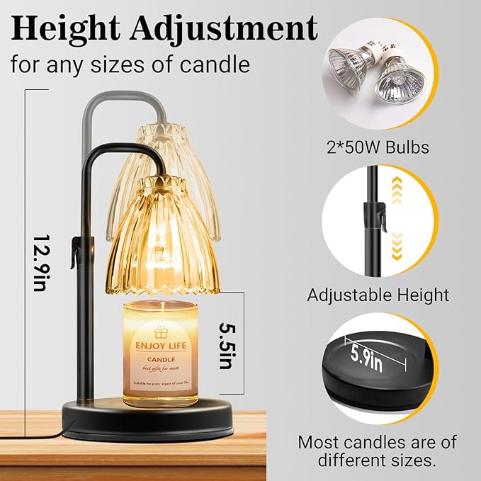 Hyrion Candle Warmer Lamp with Timer Dimmer, Adjustable Height Wax Warmer for Scented Jar Candles, Flameless Candle Melter with 2 Bulbs, Perfect Housewarming, Birthday Gifts for Women, Mom, Home Decor