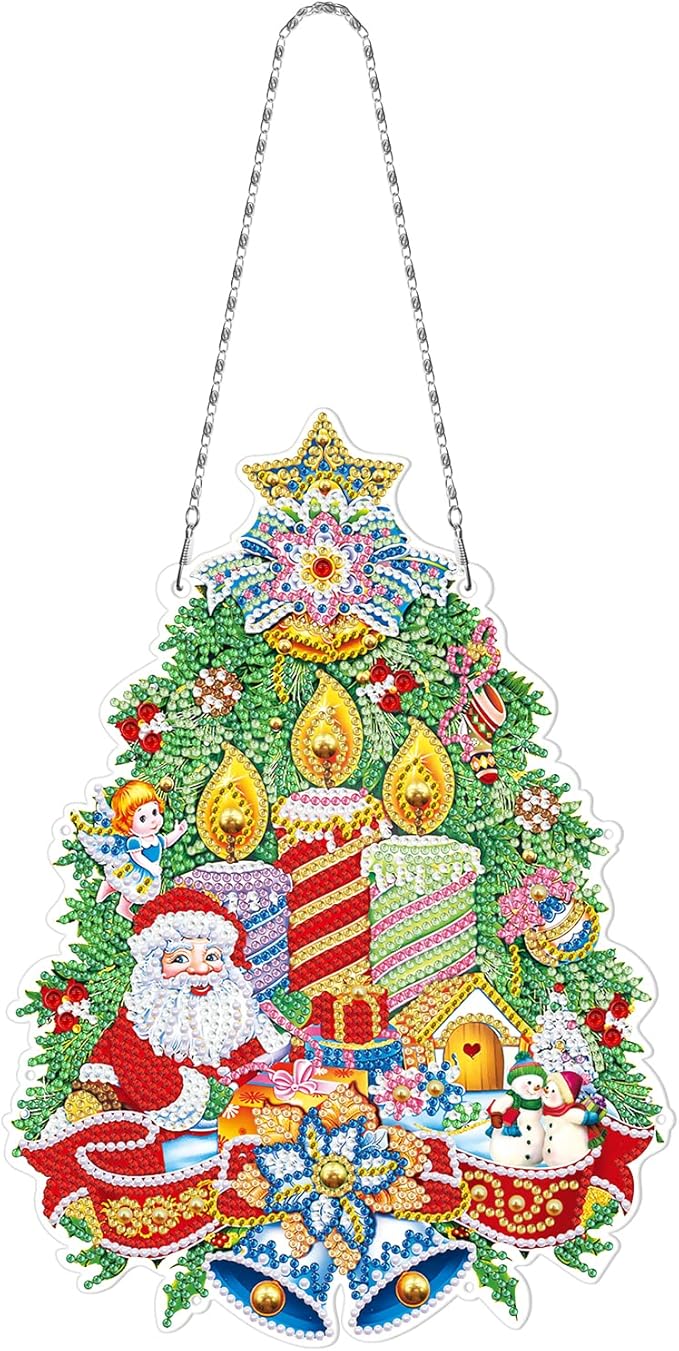 Christmas Tree Diamond Art Hanging Signs with LED Light String DIY Santa Claus Diamond Dots Painting Wreaths Hanging Ornaments Special Shaped Crystal by Number Mosaic Kits Porch Home Wall Door Decor