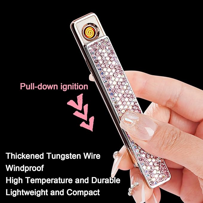Electric Lighter, Windproof Flameless Bling Lighters - Type-C Rechargeable, Pull-Out Ignition with Thickened Tungsten, Rhinestone Decorative Design, Gift for Women & Girls (Pink)