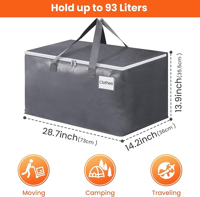 BlissTotes Large Moving Bags, Storage Bags with Zippers, Handles Moving Supplies with lids, Heavy Duty Totes for Storage Bags for Space Saving, Moving and Storing 93L, 6 Pack