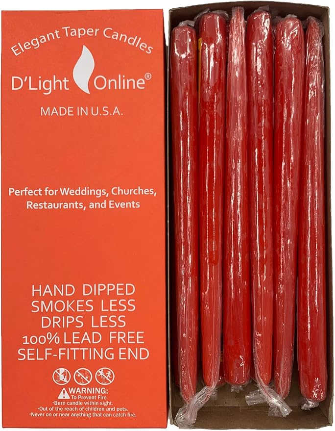 D'light Online Bittersweet Red Orange Elegant 12" Taper Premium Quality Candles, Unscented, Hand-Dipped Tapered Candles, Dripless and Smokeless - Set of 12 Individually Wrapped (12 Inch, Bittersweet)