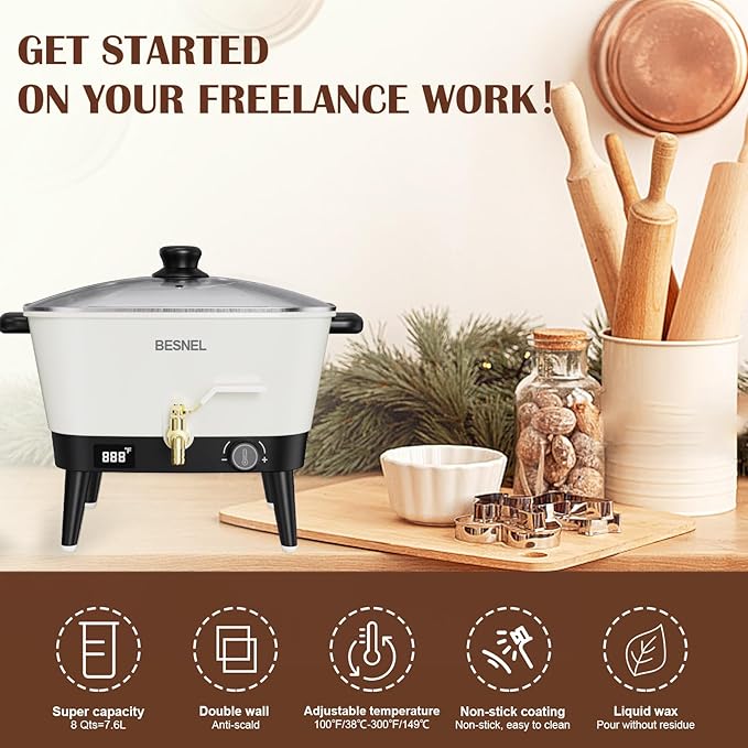 BESNEL Wax Melter for Candle Making, 8Qts Candle Wax Melting Pot with Spout for Soy Wax Soap Base, Electric Wax Melter for Candle Making with Temp Control, Easy Pour,Non-Stick(White)