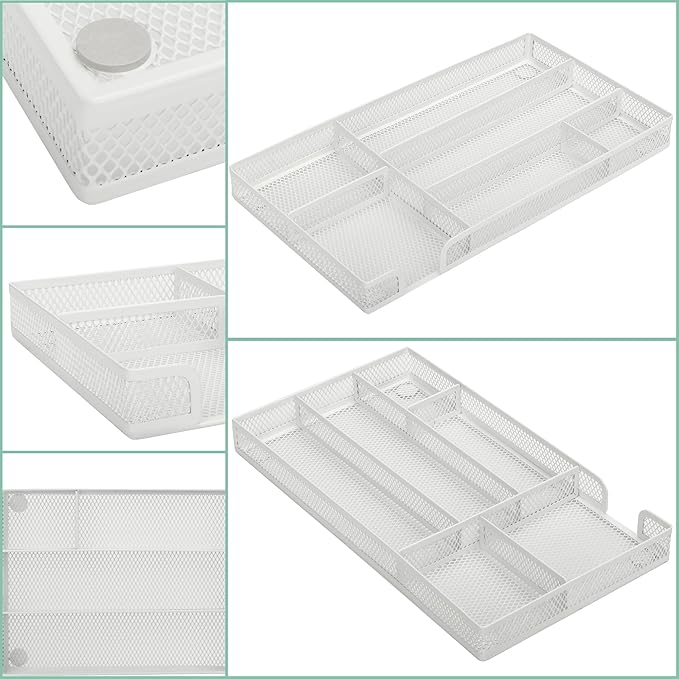 Annova Desk Drawer Organizer Tray for Office Organization - Metal Mesh - Storage Tray with Dividers for Pens, Desktop Accessories, Bathroom, Kitchen, Makeup and Office Supplies (Small, White)