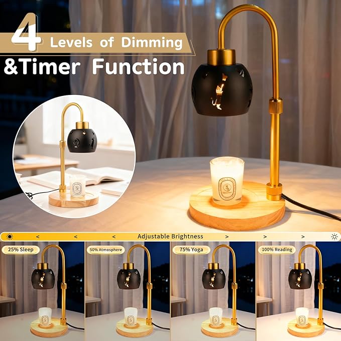 Candle Warmer Lamp with Timer, 3 Bulbs, Adjustable Height, 2/4/8H Auto Shut-Off for Home Office Décor, Ideal Gift (Black)