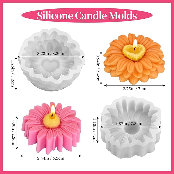 2Pcs Flower Candle Molds, Heavyweight Daisy Candle Molds, Sunflower Silicone Mold for Epoxy Resin, Candles Making, Soap, and Wax Crafts DIY Home Decor, Party Favors and Mom Gift