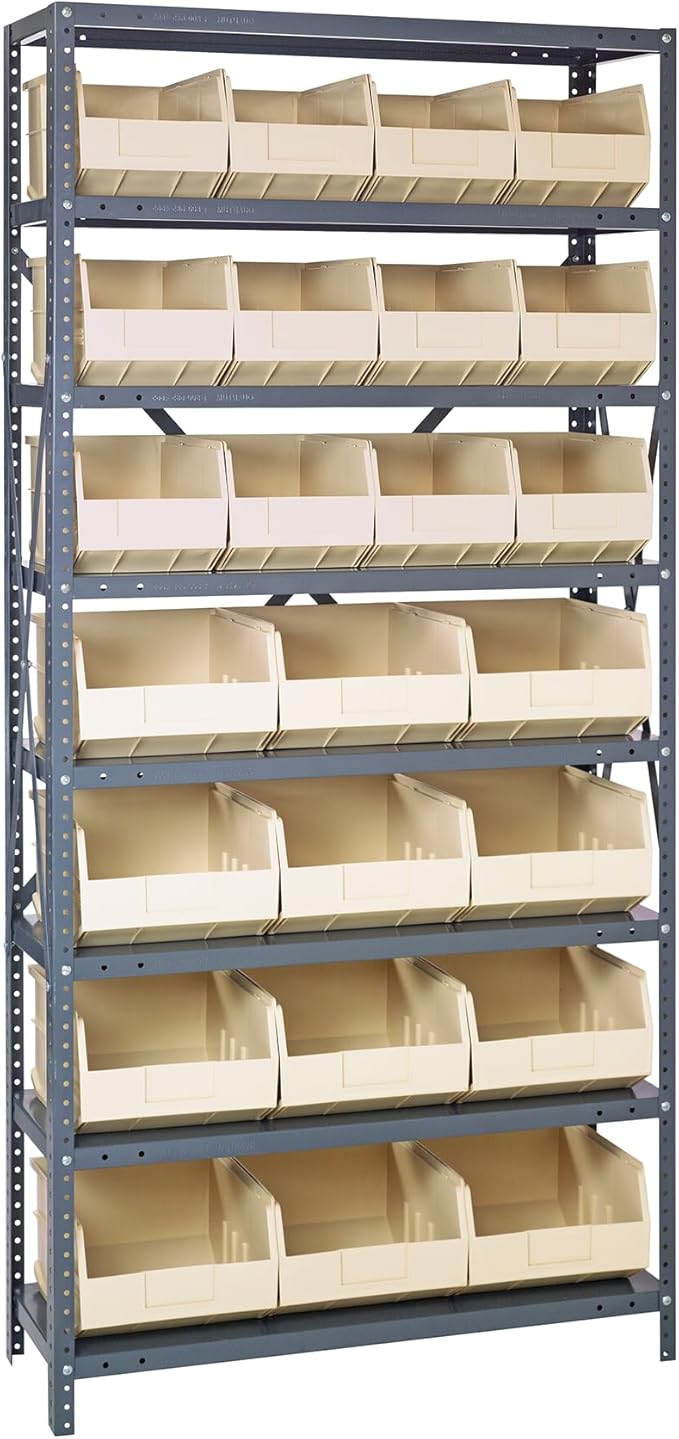 Quantum Storage Systems 2475-483485IV Shelving Unit, 24" D x 36" L x 75" H, Carbon Steel, Galvanized with Ivory Bins