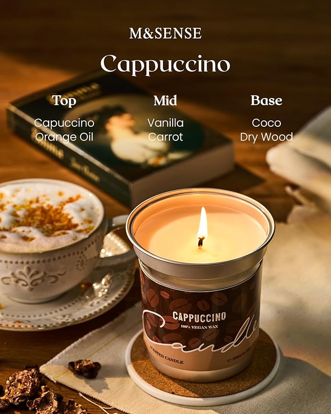M&SENSE Cappuccino Coffee Scented Candles, Soy Wax 12.3oz 75 Hours Long Lasting Clean Burn, Non Toxic Fall Candle for Kitchen, Holiday Aromatherapy Gifts for Coffee Lovers, Cozy Winter Home Decor