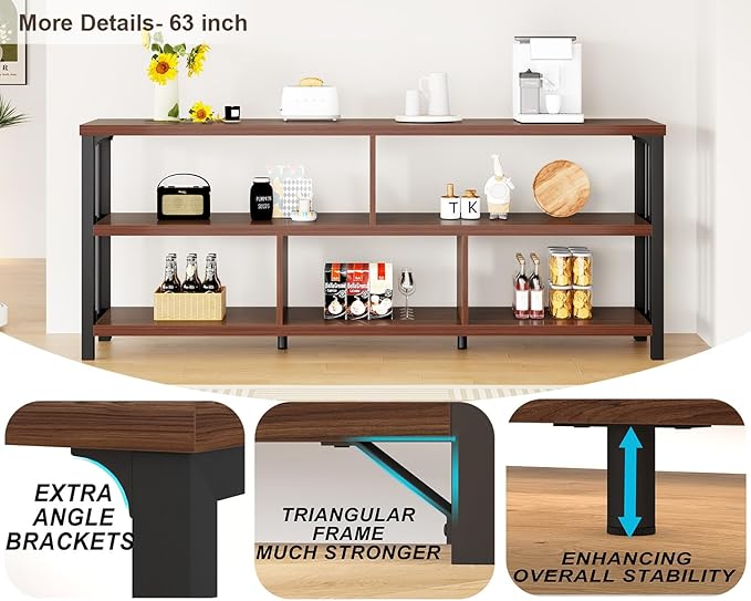 IBF Long Bookshelf, 63” Wide Low Open Book Shelf, Industrial 5 Cube Horizontal Bookcase for Bedroom Home Office, 3 Tier Wood Metal Cubby Storage Organizer Shelf for Living Room, Walnut, 63 Inch