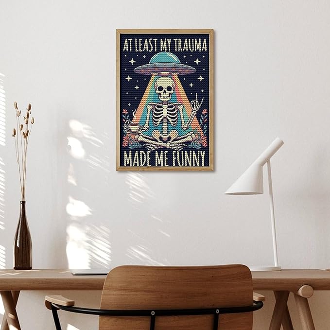 KIVJMSIDJA Skull Skeleton “At Least My Trauma Made Me Funny” Diamond Painting Kits for Adults,Diamond Art Kits for Beginners 5D Round Diamond 8"x12"
