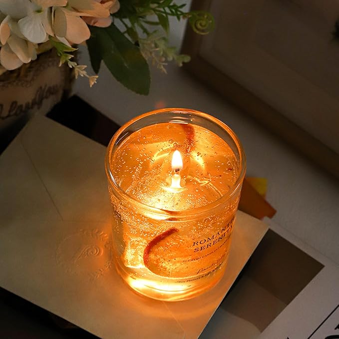 Gel Wax Candle,Sparkling Real Rose & Gold Flakes Candle in Glass Jar,Floral Scented,Smokeless Clean Burn,Glam Home Decor or Wedding,Bridesmaid Gift,Photo Prop,Self Love Healing (Fruit)