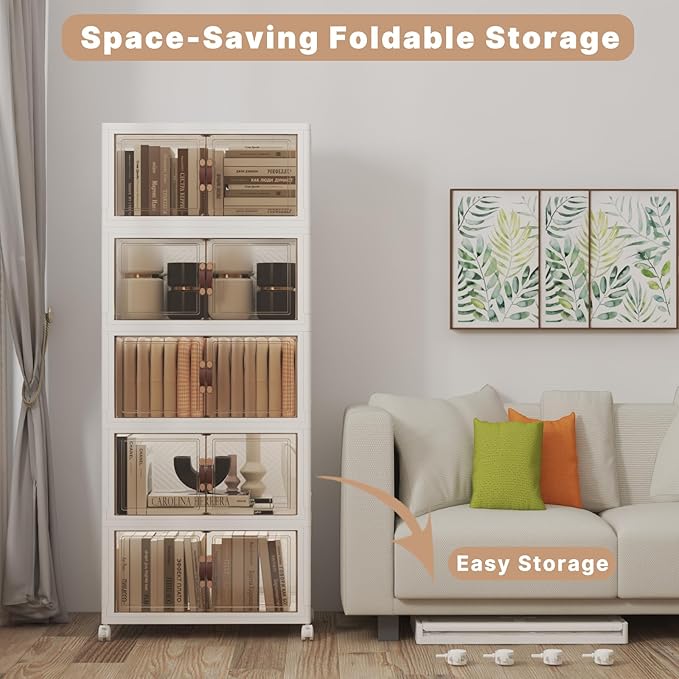 Stackable Storage Bins with Lids 240QT-48QT*5Pack Folding Storage box with Doors and Wheels, Collapsible Plastic Bins Stackable Organizer and Containers for Home, Garage, Office