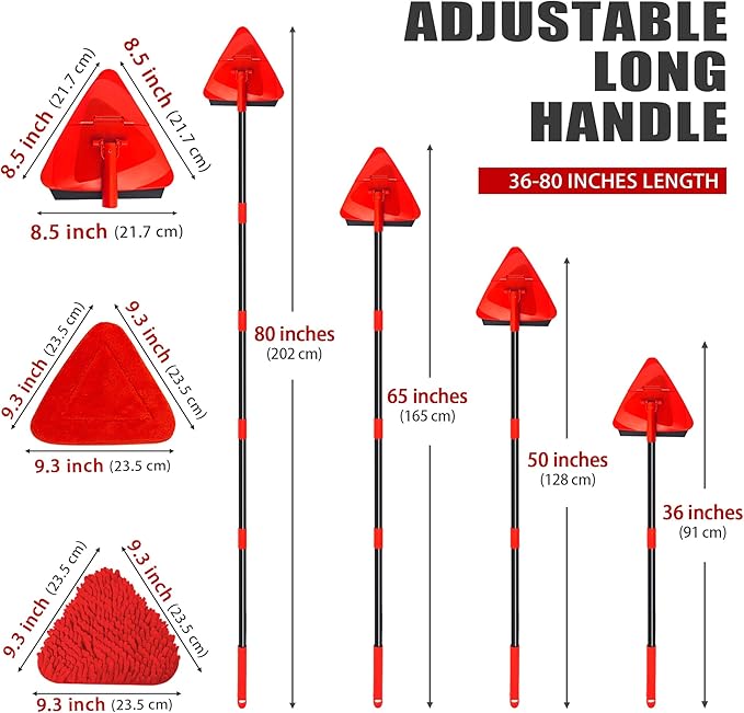 NEWE Wall Mop Cleaner, 80 inches Long Handle, 180° Folding Ceiling Cleaning Tool with Squeegee for Washing Painted Walls, Triangle Baseboard Scrubber with 3 Chenille Duster and 3 Microfiber Pads (Red)