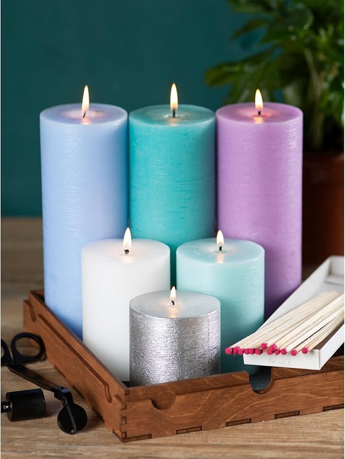 CANDWAX Assorted Pillar Candles Set of 3 – Sizes 3", 4", 8" Unscented Dripless Large Candles, Rustic Finish for Events, Weddings, Home Decor – White
