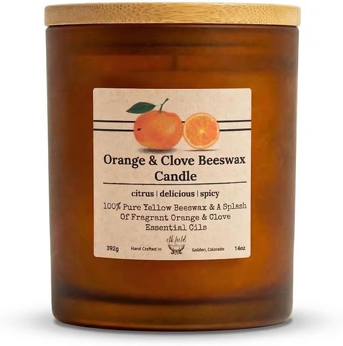 Orange Clove Organic Beeswax Candle | 2 Ingredients | 100% Pure Beeswax Candles, Non Toxic, Natural, Organic Candles, Beeswax Candles Scented, Non Toxic Candles, 80 Hour, 14oz
