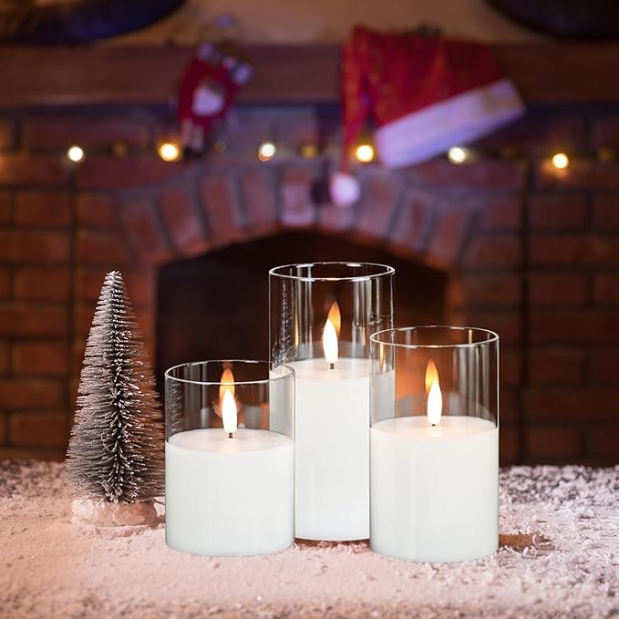 Rechargeable Candles with Remote Timer, Clear Glass Flameless Candles Flickering with Charging Cable, 3 Pack Real Wax LED Pillar Candle for Halloween Christmas Home Decor (D3” x H4”5”6”)