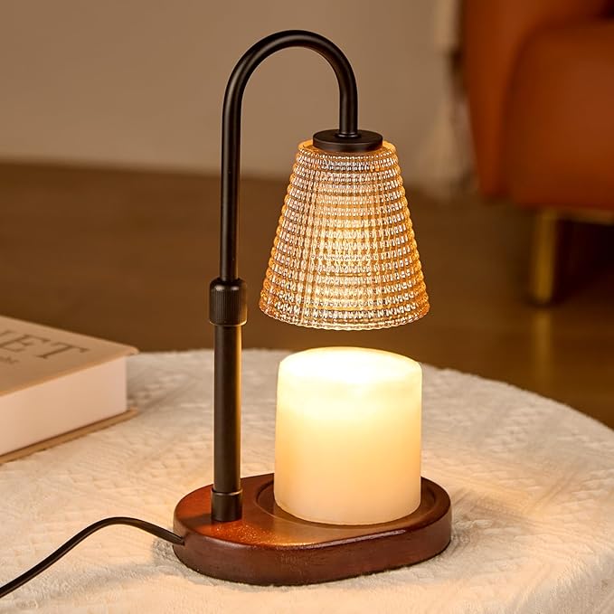 Premium Candle Warmer Lamp with Timer Dimmer-Height Adjustable Wax Melter Suitable for Any Jar Candle, Flameless Heater with Wood Base & Amber Glass,New Home Gifts for Women Mom Daughter Friend