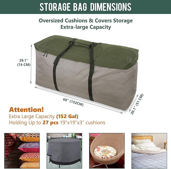 Rachmi Cushion Storage Bag (152 Gal) 60 Inch with Zipper & Padded Handle, Outdoor Oversized Heavy Duty 600D Water-resistant Moving Bag, (60"Wx20"Dx29"H, Extra Large)