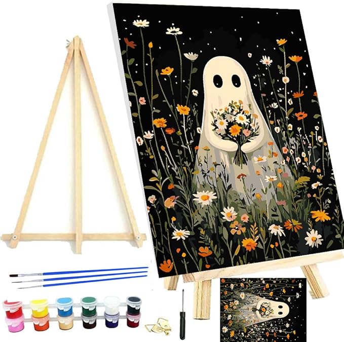 Meothan Framed Paint by Numbers Kits for Adults, Halloween Paint by Number for Adults Beginners, Paint by Numbers Kits on Canvas with Framed and Easel for Home Wall Decor 11.8x15.7inch (Ghost)