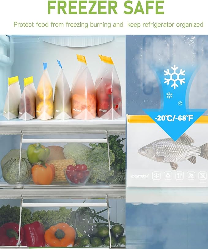 IDEATECH 12Pack Reusable Food Storage Bags Dishwasher Safe,Leakproof Gallon Freezer Bags, BPA Free Quart Sandwich Size Reusable Baggies for Marinate Meats,Travel(7Gallon 5Quart, Colored)