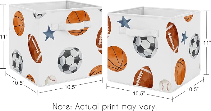 Sweet Jojo Designs Sports Theme Boy Collapsible Fabric Storage Cubes Foldable Bins Organizer Boxes Kids Baby Childrens Toys Set of 2 - Watercolor Soccer Balls Football Baseball Basketball Blue Stars
