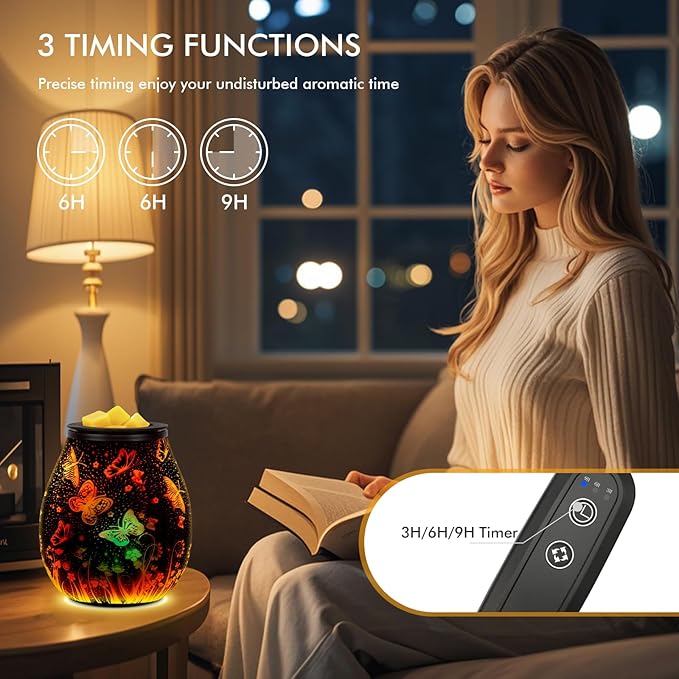 Electric Wax Melts Warmer with Timer-3D Wax Warmer with 7 Colors LED Light, Wax Burner for Scented Wax by PTC Heating, Removable Silicone Dish，Wax Melter for Home & Office Decor Gift (Butterfly-Timer)