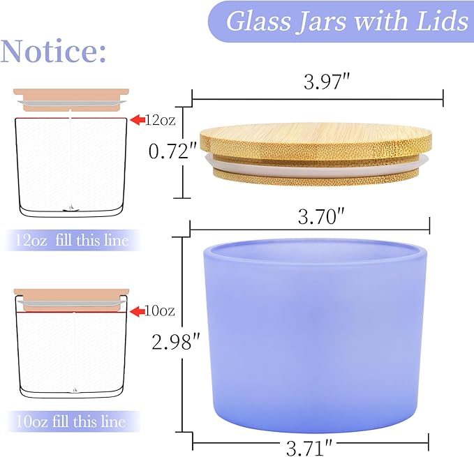 CONNOO 8 Pack 12 OZ Purple Glass Wide Mouth Candle Jars for Making Candles with Airtight Bamboo Lids Nice Sticky Warning Labels for Candle Making Empty Container Bulk - Dishwasher Safe