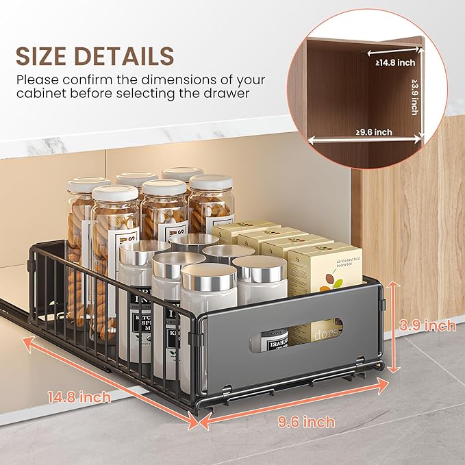 Pull Out Cabinet Organizer, 2 Pack Heavy Duty Slide Out Drawers Pantry Shelves Fixed With Strong Adhesive Glue and Handle for Kitchen, Living Room, Bathroom, Home (14.8" D X 9.6" W X 3.9" H)
