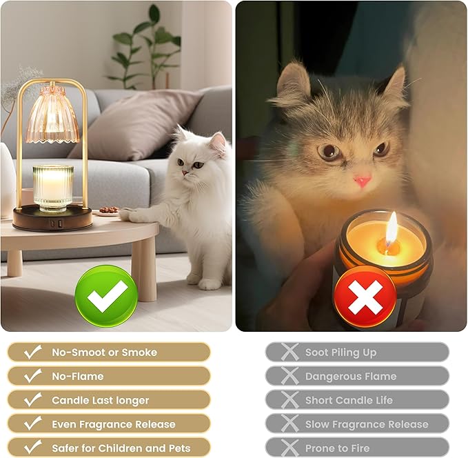 CATY&KITTEN Candle Warmer Lamp with Timer & Dimmer, Table lamp with USB and Type C Output,Dimmable Wax Melt Warmer with 2 * 50W Bulbs, House Warming Gift for Mother's Day