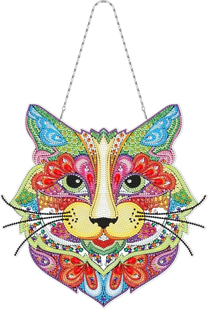 Colorful Leopard Head Diamond Art Hanging Pendant with LED Light String DIY 5D Panther Diamond Art Painting Wreath Hanging Sign Special Shape Beads by Number Stitch Kits for Home Wall Room Door Decor