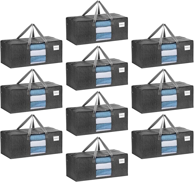 VENO 10 Pack Heavy Duty Moving Bags, Christmas Storage Bins with Lids, Transparent Window Design, Alternative to Moving Boxes, Storage Bags for Clothes, Blankets, Comforters, Pillows (Gray, 10 Pack)