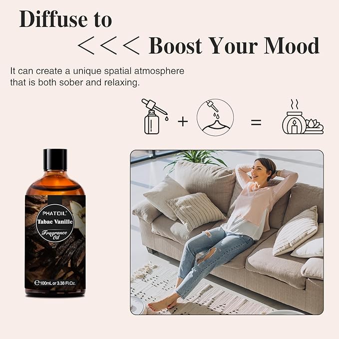PHATOIL 3.38FL.OZ Tabac Vanille Fragrance Oils for Aromatherapy, Essential Oils for Diffusers for Home, Perfect for Diffuser, Yoga, Skin Care, DIY Candle and Soap Making - 100ml