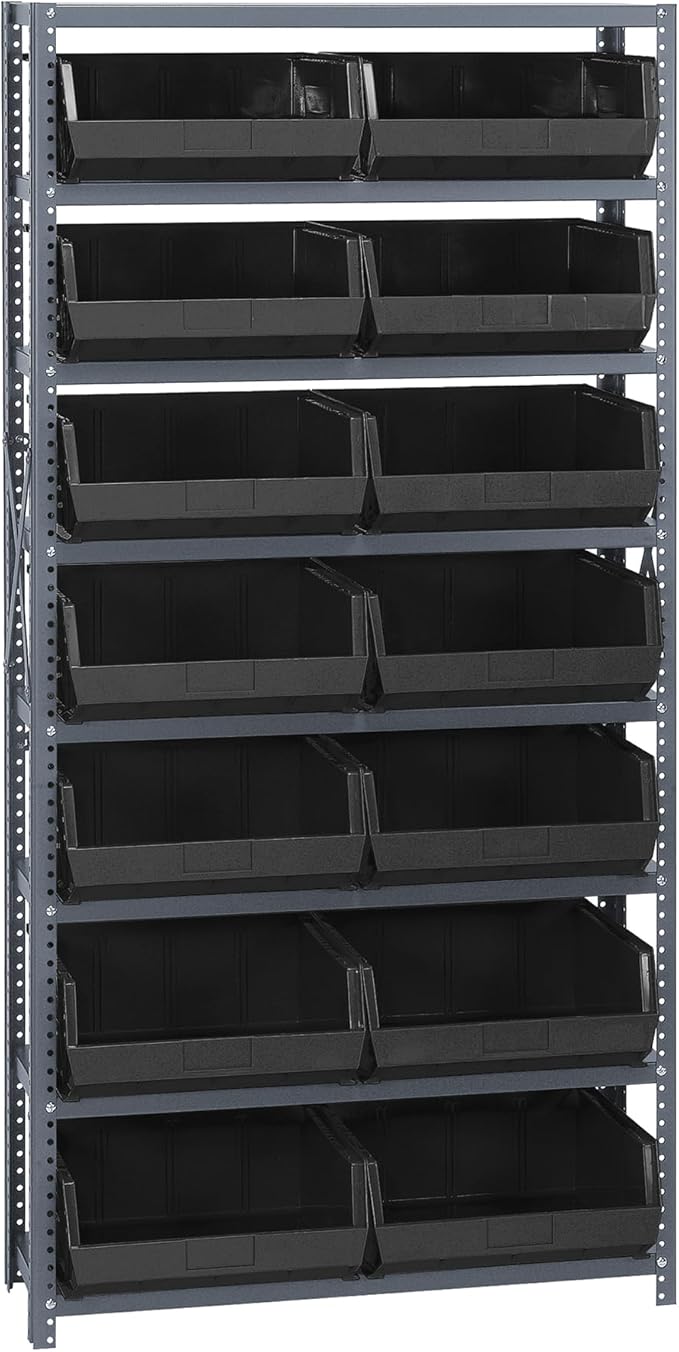 Quantum Storage Systems QSBU-250BK Giant Open Hopper Steel Shelving System, 12" D x 36" W x 75" H, with 8 Shelves and 14 QUS250 Bins, Black