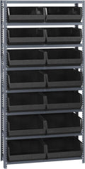 Quantum Storage Systems QSBU-250BK Giant Open Hopper Steel Shelving System, 12" D x 36" W x 75" H, with 8 Shelves and 14 QUS250 Bins, Black