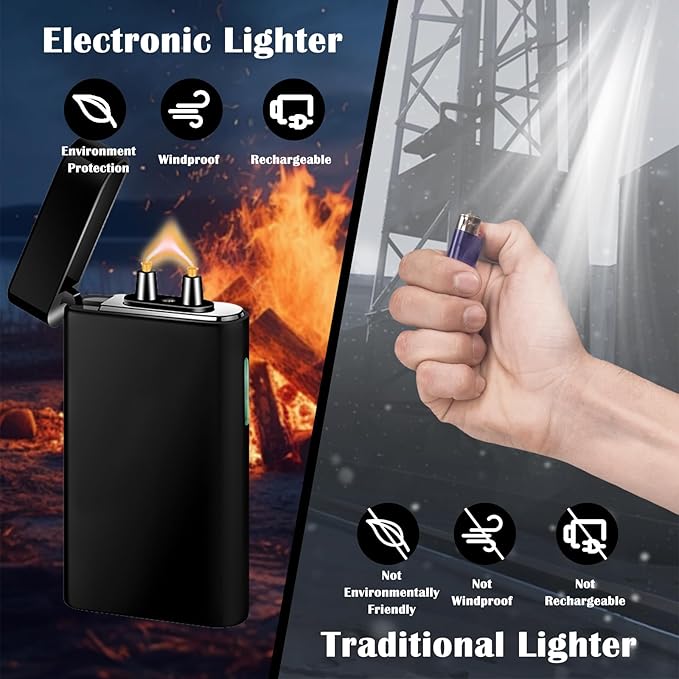 Electric Lighter Rechargeable USB C Plasma Arc Lighter Big Flame Electronic Lighters Metal Windproof Unique Pocket Lighters Box for Holiday, Friends, Family (Ice Black)