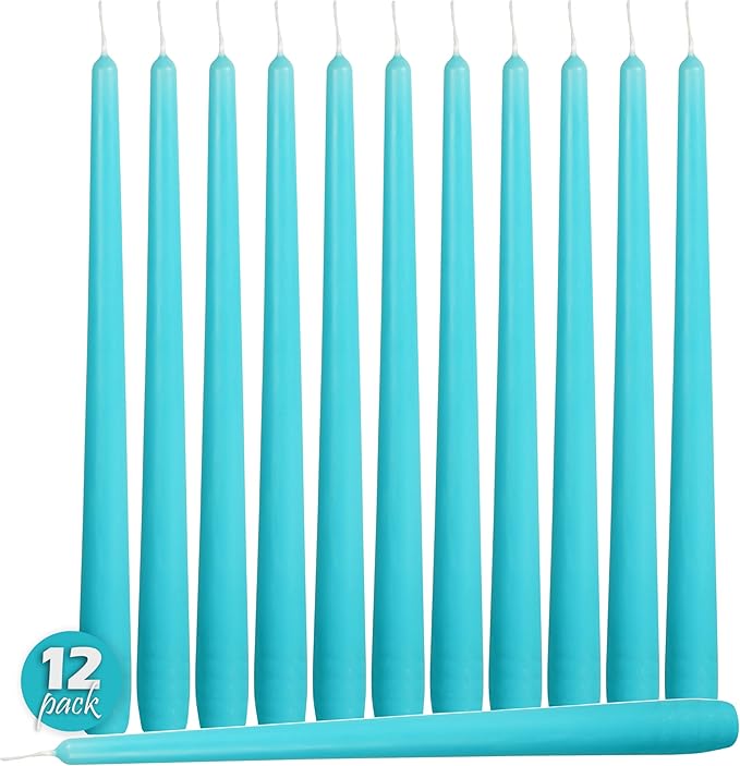 Hyoola Tall Taper Candles - 14 Inch Turquoise Dripless, Unscented Dinner Candle, Paraffin Wax with Cotton Wicks - 12 Hour Burn Time (Pack of 12) - Light Blue