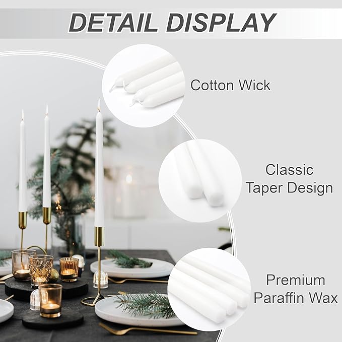 10-Inch Taper Candles - White Dripless Candlesticks Tall Unscented Tapered Smokeless Paraffin Wax with Cotton Wicks 8 Hour Natural Long Burning Candle Sticks for Household Christmas 24 Pack