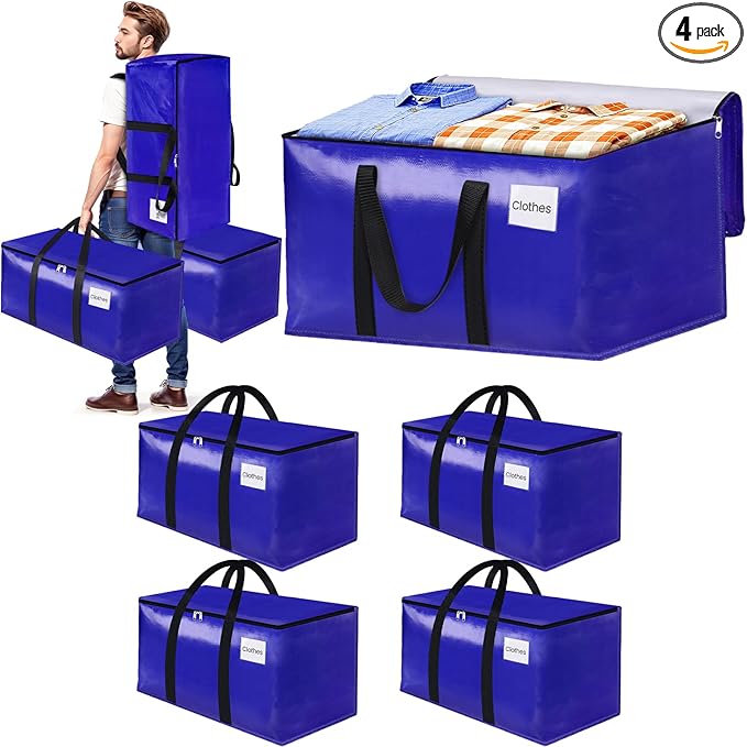 FabSpace 4-Pack Moving Bags with Backpack Straps & Carry Handles, 25 Gallons-93 L Heavy Duty Storage Totes for Space Saving, Foldable Storage Bags for College Dorm, Travel, Camping (Blue)